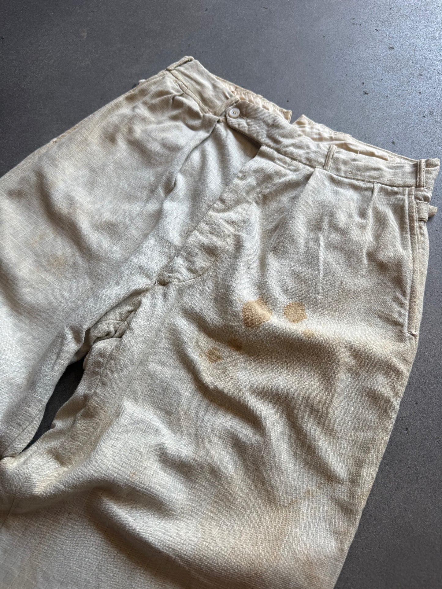 1930s Lap Waistband Cotton Twill Patterned Trousers