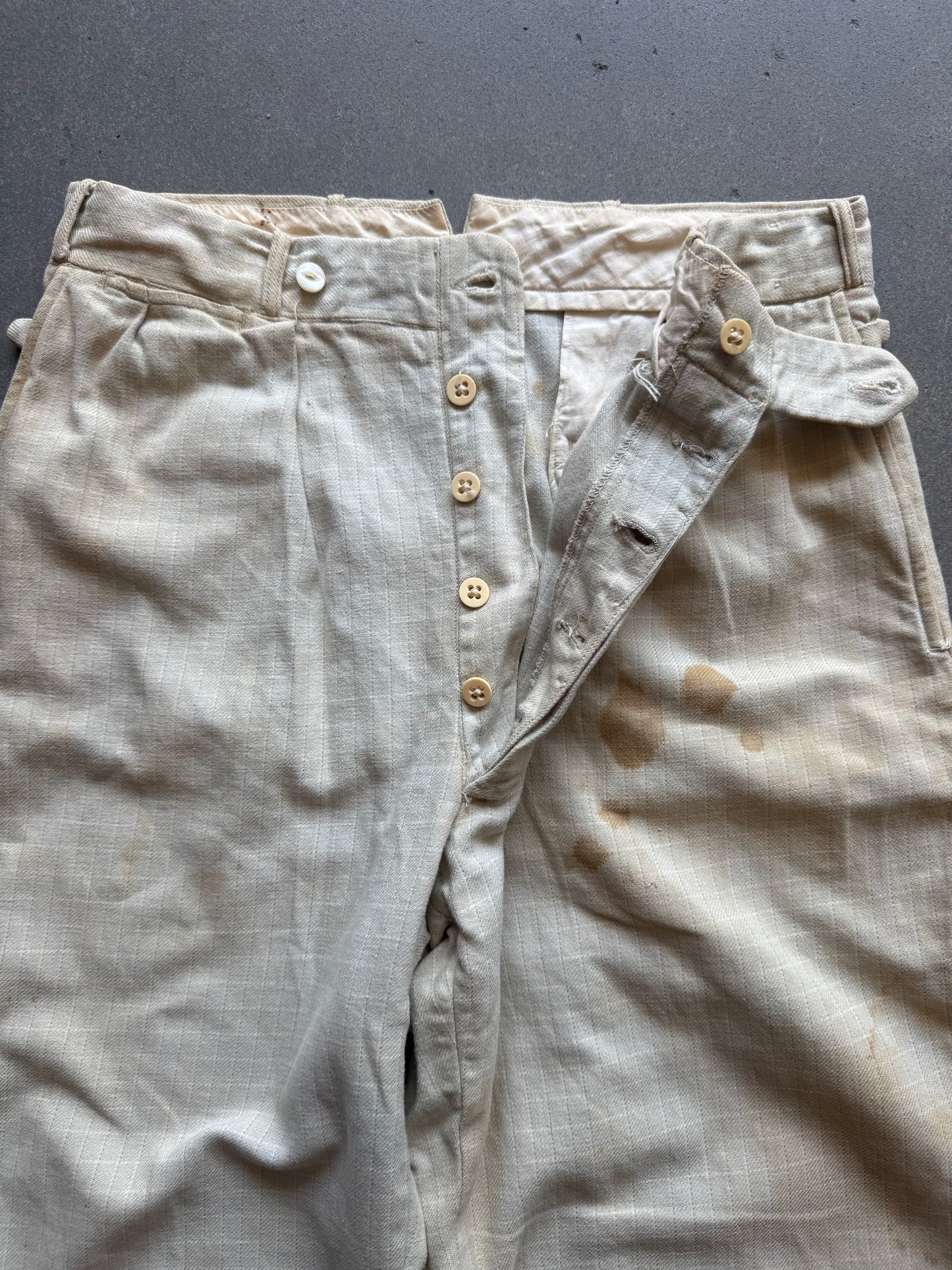 1930s Lap Waistband Cotton Twill Patterned Trousers